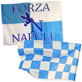 NARAMAKI® Napoli Flags 90 x 150 cm - 1 "Forza Napoli" Flag + 1 White and Blue Checkered Flag - 100% Polyester - Made in Italy - Football Championship 2025