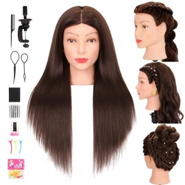 Cabeza de Maniquí de Cabello Humano 80% Cabello Real, Cabeza de Maniquí de Cosmetología para Trenzar, Peinar Y Cortar, Cabeza de Muñeca de 26-28 Pulgadas con Herramientas de Sujeción (Marrón)