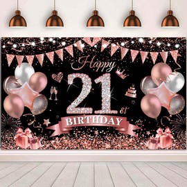 Yontree Happy 21st Birthday Banner 180 * 110cm Black Rose Happy 21st Birthday Banner Backdrop 21st Birthday Decorations for Girls Women, 21 Years Old Birthday Anniversary Party Supplies