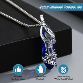 YueYuan Religious St Michael Necklace 925 Sterling Silver Saint Patron Saint Pendant Amulet Jewellery Gift for Men Women Treasure Blue Crystal, One size, Sterling Silver, Crystal