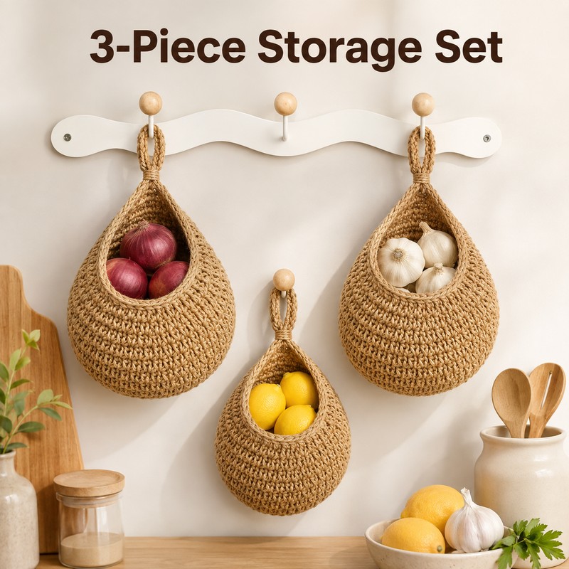 Wall Hanging Fruit and Vegetable Baskets for Kitchen - 3-Piece