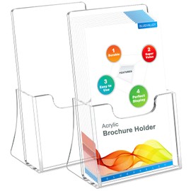 Acrylic Brochure Holder for 4’’ Trifold Pages, Clear Countertop Organizer Plastic Flyer Literature Display Stand for Desk Magazine Pamphlet Business Card Booklet Magazine Menu Journal-2 Pcs