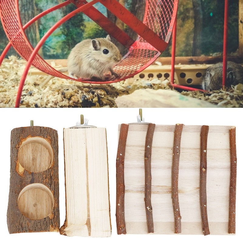 Natural Wood Hamster Feeding Food Bowl Split Climbing Ladder Platform