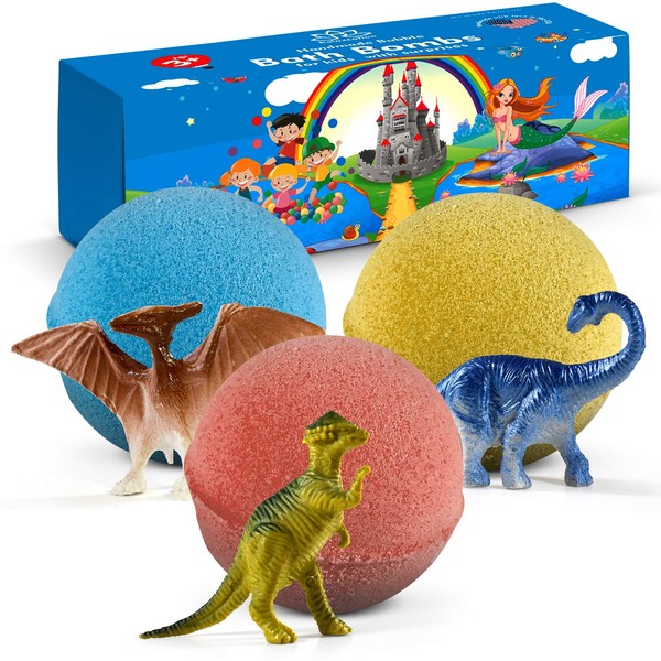 Organic Dino Bath Bombs for Kids for Easter with Surprise Inside Dinosaurs - 3 Organic Large Bath Bomb Kit Dino Inside - Great Fizzy and Bubble Safe for Boys and Girls