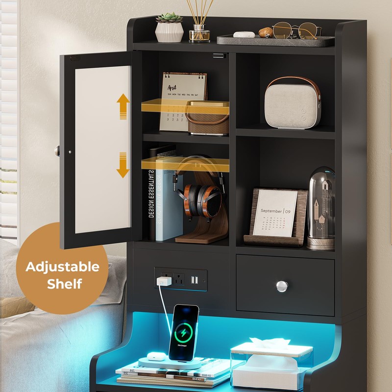 ADORNEVE Tall Night Stand with Charging Station and LED Lights,49.2"