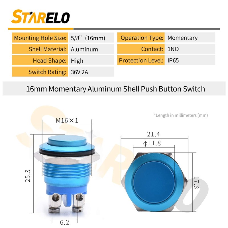 STARELO 16MM 5/8" Momentary Push Button Switch High Round 250V
