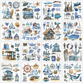Shejdgart Nautical Rub on Transfers for Crafts - 16 Sheets Vintage Watercolor Furniture Transfers Decals, Blue Ocean Designs UV DTF Stickers for Wood DIY Home Decor 5.7x5.7 Inch