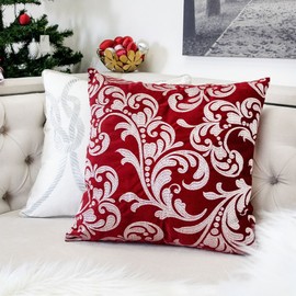 Homey COZY Embroidery Red Velvet Throw Pillow Cover, Merry Christmas Series Silver Floral Luxury Soft Fuzzy Cozy Warm Slik Gift Square Couch Cushion Pillow Case 20 x 20 Inch, Cover Only