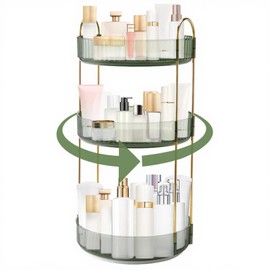 INVSSENE 360° Rotating Makeup Organizer, Bathroom Make Up Spinning Holder Rack, Large Capacity Cosmetics Storage Vanity Shelf Countertop, Fits Cosmetics, Perfume, Skincare(3 Tiers, Green)