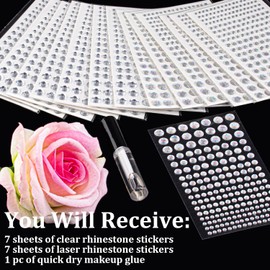 2758 Pcs of Rhinestone Stickers 3/4/5/6/8mm Clear+Laser Self Adhesive Face Gems, Stick on Body Crystal Jewels with Quick Dry Makeup Glue For Face Eye Hair Nails Make up and Craft DIY Decorations