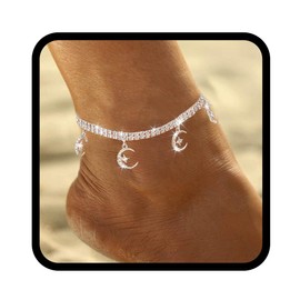 Zoestar Boho Rhinestone Anklet Silver Star Moon Anklet Crystal Anklet Jewelry for Women