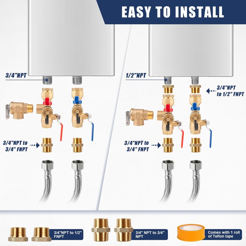 Tankless Water Heater Valve Kit, PRV 3/4"-1/2" NPT