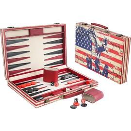 15 Inches Backgammon Sets for Adults Leather Travel Backgammon Set with American Flag Design Claasic Backgamon Board Game for Friends Party or Family Game Night