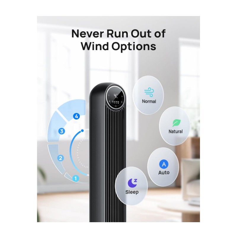 Dreo Tower Fan – Quiet Floor Fan,90° Oscillation, 4 Speeds,