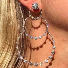 Inilbran Boho Rhinestone Circle Earrings Silver Crystal Circle Dangle Earrings Large Crystal CZ Circle Drop Earrings Vintage Rhinestone Circle Exaggerated Earrings Jewellery for Women and Girls,