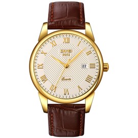 MASTOP Mens Quartz Watch Roman Numeral Business Casual Fashion Analog Wrist Watch Classic Calendar Date Window 30M Waterproof Comfortable Leather Watches (Gold Silver)