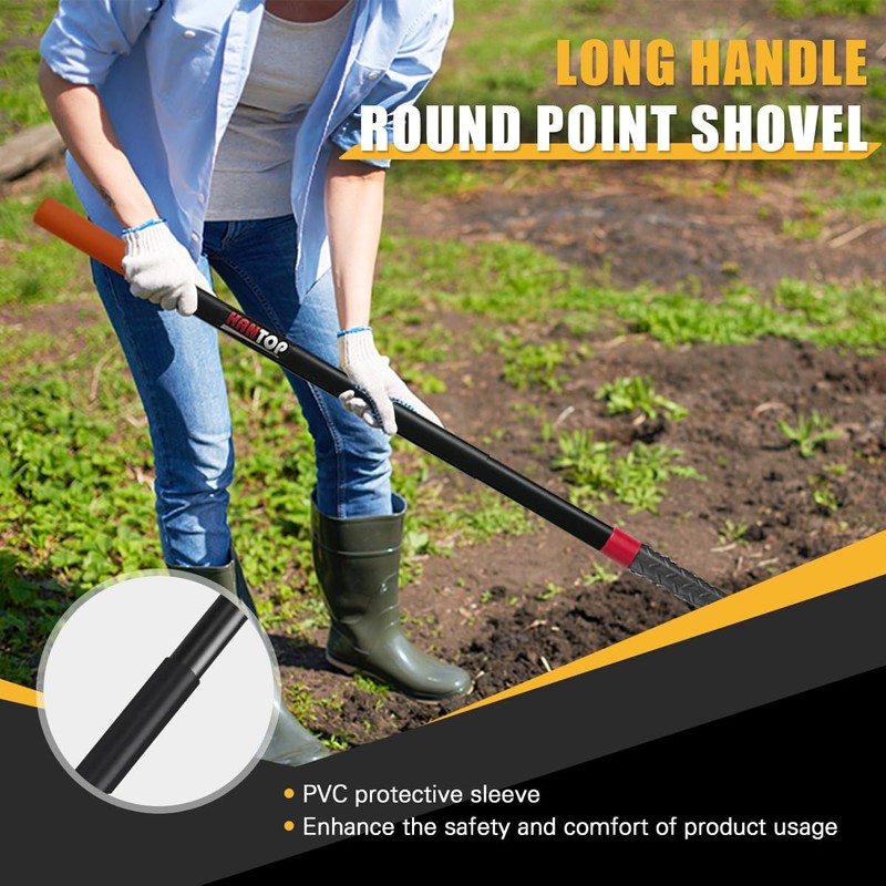 HANTOP Heavy Duty Round Point Digging Shovel with Long Fiberglass