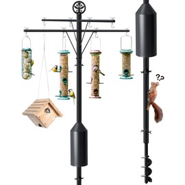 Ceoighe 95 Inch Bird Feeder Pole with Torpedo Squirrel Proof Baffle, Heavy Duty Steel Squirrel Proof Pole System with Hanging Stations, Ideal for Holding 8 Feeders, Wind Chimes, Plants