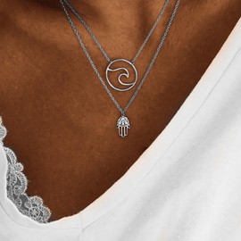 Cimenexe Bohemian Layered Wave Choker Necklace Silver Hamsa Hand Necklace Hollow Water Wave Pendant Necklace Tribal Fatima Hand Necklace Chain Jewellery for Women, Zinc, No Gemstone