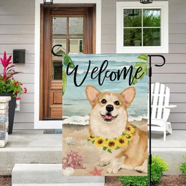 DLZDN Welcome Dog Garden Flag Beach Corgi Garden Flag 12×18 Inch Double Side Vertical Burlap Farmhouse Yard Flag Summer Seasonal Outdoor House Decoration