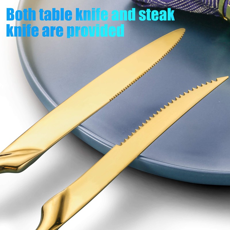 Lemeya 24 Piece Gold Silverware Set with Steak Knives,18/10 Stainless