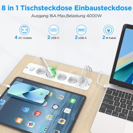 Darbony Tischsteckdose Steckdosenleiste mit 2 USB C, 4 Fach Einbausteckdose Tischplatte, 4000W 16A Steckdose Versenkbar, Mehrfachsteckdose Verteilersteckdose fr Arbeitsplatte Heim Bro 2M 1,5mm 2 Kabel