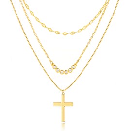 Poxtex Gold Necklace for Women Dainty Cubic Zirconia Necklace 3 Pcs 14K Gold Stack Necklace Set Small Tiny Diamond & Cross Pendant Necklaces for Women Trendy Layered Gold Jewelry Gifts