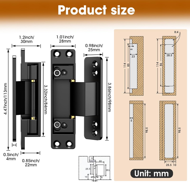 Lipshome 4.5" Hidden Door Hinge/Concealed Hinges,Invisible Hinges,Invisible Door Silent Door