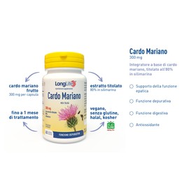 LongLife® Cardo Mariano 300 mg | Estratto vegetale titolato all'80% in silimarina | Funzione depurativa | Fino a 1 mese di trattamento | Vegano e senza glutine