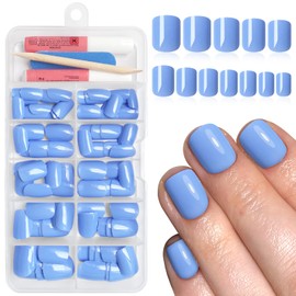 Bellelfin 120Pcs Short Press on Nails, Square Fake Nails Sky Blue Glue on Nails Full Cover Acrylic Nails Press on Artificial False Nails for Women Girls Fingernails Design