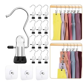 Pant Hangers with Clips, Hanger Clips, Clothes Pins, Space Saving Hanging Closet Organizer Storage, Jean Hangers, Clothespins for Leggings, Pants, Skirt, Hat, Boots, 24 Clips+6 Self Adhesive Hooks