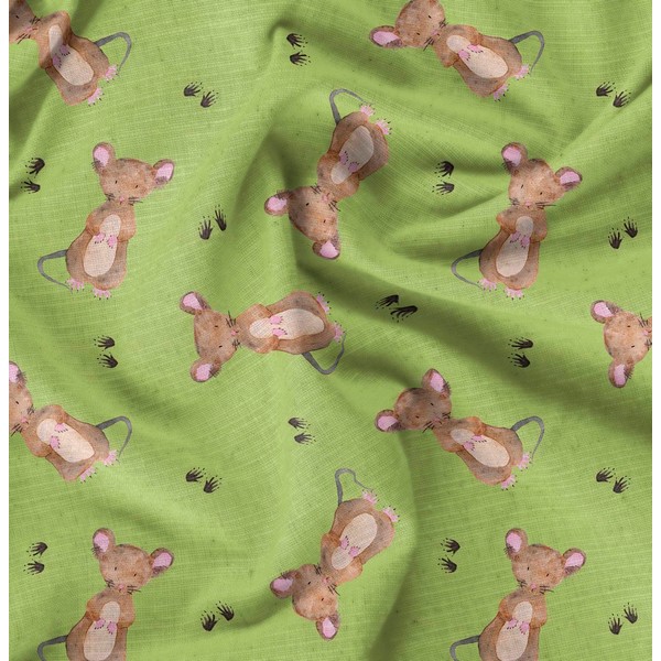 Soimoi Green Viscose Chiffon Fabric Footprints & Mouse Kids Fabric