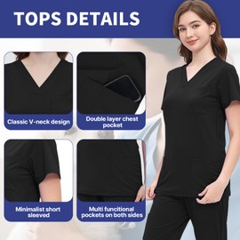 ROMASA Scrubs Set for Women,Soft and Stretchy Nurse Uniform V-Neck Top and Jogger Pants with Multi Pocket Nurse Workwear (Black, Large)