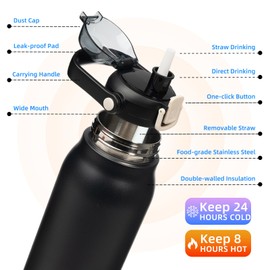 BJPKPK Insulated Water Bottles with Straw, 45 oz Stainless Steel Metal Water Bottle with One-handed Opening Lid, BPA Free Reusable Water Bottles, Jugs, Thermos for Gym Sports Outdoors, Black