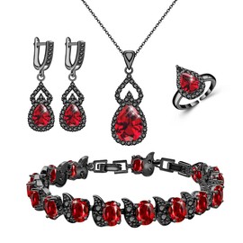 LMXXVJ Women Girl Jewelry Set with Created Red Garnet - Black Gun Gold Plated Necklace Adjustable Ring Earrings Bracelet Set,Unique Gift for Birthday Anniversary Valentine's Day Prom Graduation Season Wedding