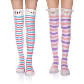 DoSmart Womens Over Knee High Fuzzy Socks Soft Warm Thigh High Striped Stockings Cozy Slipper Fleece Winter Long Socks (Sheep&Bear)