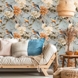 VEELIKE Vintage Blue Floral Wallpaper Peel and Stick Chinoiserie Bird Wallpaper Prepasted Blue Floral Contact Paper for Cabinets Drawers 17.7''x118'' Removable Renter Friendly Flower Wall Mural