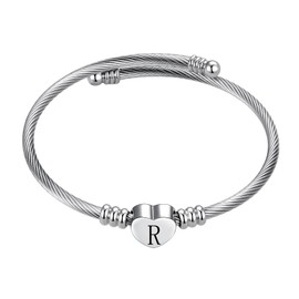LSxAB R Heart Initial Letter Bangle Bracelet for Women Cute Initial Letter Bangle Bracelets Women Girlfriend Name Cuff Couple Friends Family BFF Niece Birthday Anniversary