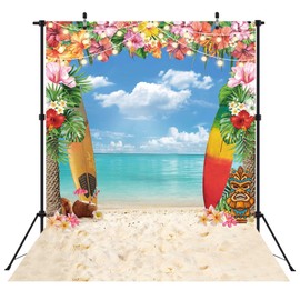 LIVUCEE 6x8ft Summer Hawaiian Beach Backdrop for Photography Tropical Flower Luau Hawaiian Party Decorations Aloha Blue Sky Ocean Palm Leaves Background Supplies Photoshoot