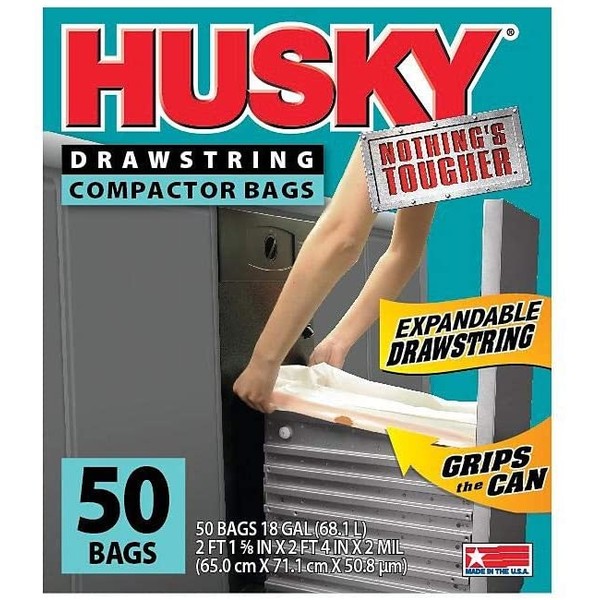 Poly-America (2-Pack of 50-Count ) Husky 18 Gallon Nothing's Tougher Drawstring Compactor Bags One-by-One Dispensing w/ Expandable Drawstring and Grips The Can Technology (HK18XDS050W)