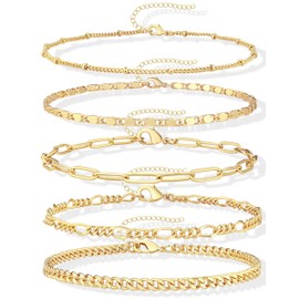Gokeey Gold Bracelets for Women Trendy 14K Gold Plated Jewelry Sets Stack Dainty Stackable Paperclip Cuban Figaro Chain Bracelets Pack Layered Link Chain Bracelet for Women Cute 5pcs Adjustable