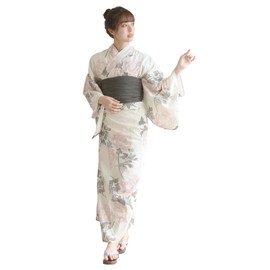 KYOETSU Women's Yukata Robe 2-Piece Set, Fancy Woven Fabric Set, Unbleached, Yukata Robe + Heko Obi Belt, F
