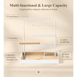 Emibele Jewelry Holder, Jewelry Organizer Stand Necklace Earrings Bracelet Holder, 5 Tier Bracelet Display Tower Rack with Metal Frame and Velvet Ring Tray, Aesthetic jewel Stand for Women, White
