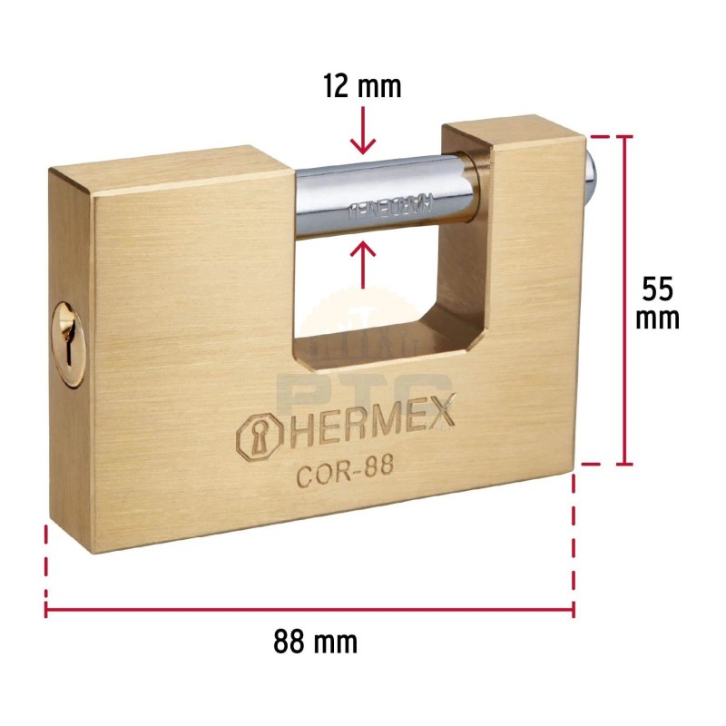 Hermex COR-88 Anti-Pry Padlock, 88mm, Traditional Keyed Brass Body