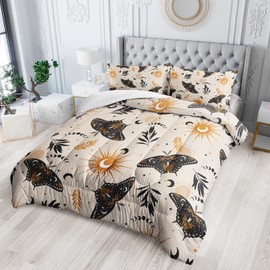 AILONEN Sun and Moon Death Moth Comforter Set Queen Size, Gothic Bedding for Room Decor, 3 Pieces Bed in a Bag With 2 Pillowcases