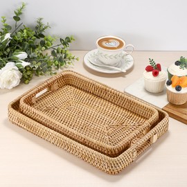 Hipiwe Handwoven Rattan Serving Tray Rectangular Wicker Tray with Handles Natural Decorative Tray for Storage Breakfast, Dessert, Fruit for Coffee Table, 13.4" L x 9.5" W
