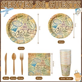Yungyan 252 Pcs Travel Plates and Napkins Set Around the World Themed Party Supplies Disposable Voyage Travel Paper Napkins Plates Cups Airplane Adventure Retirement Party Decorations Serves 36 Guests