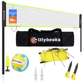 32ft Regulation Size Portable Outdoor Volleyball Net Set System for Backyard Beach with Height Adjustable Poles, PU Volleyball and Pump, Carry Bag, Boundary Line - Easy Set Up & Anti-Sagging