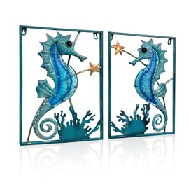 LIFFY Metal Wall Art Seahorse with Frame 13 LED lights,Beach Decor Fish Glass Sculpture Coastal Wall Hanging Ocean Theme Nautical Outdoor Decor for Patio,Garden,Yard,Pool,home gift(2pcs, Blue)