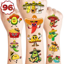 100 PCS Mexican Fiesta Mariachi Taco Temporary Tattoos Stickers Birthday Party Decorations Favors Supplies Cinco De Mayo Avocado Taco Mexican Festival Theme Girls Boys Classroom School Prizes Reward